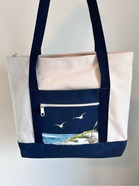 Canvas Navy & Cream Zip Small Boat Tote Bag Hand Painted Coastal Nautical Scene